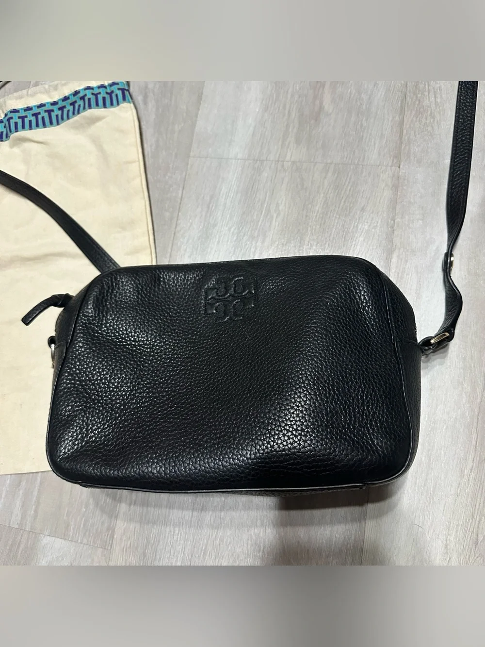 Tory Burch Black Pebbled Leather Crossbody Bag Purse